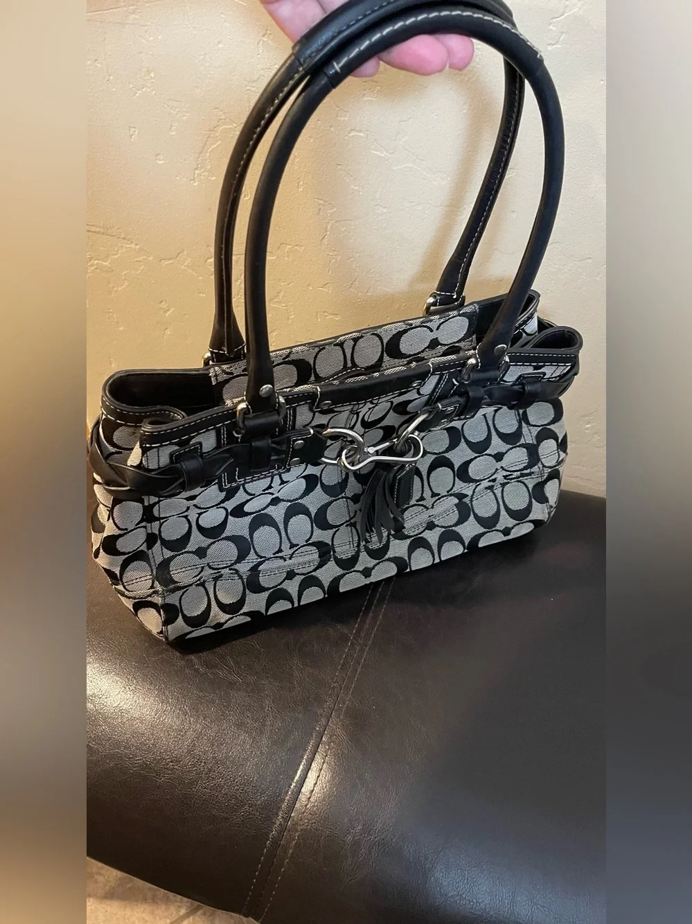 Coach Hamptons Carryall tote Satchel Black gray Signature Shoulder braided